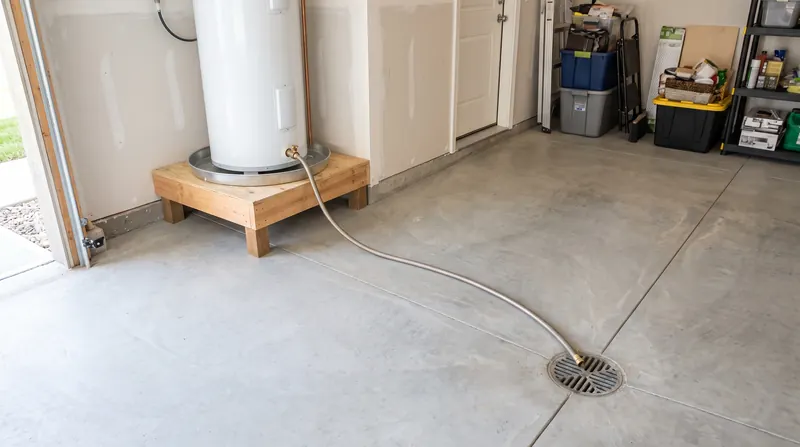 Hose running from a water heater drain valve to a garage floor drain