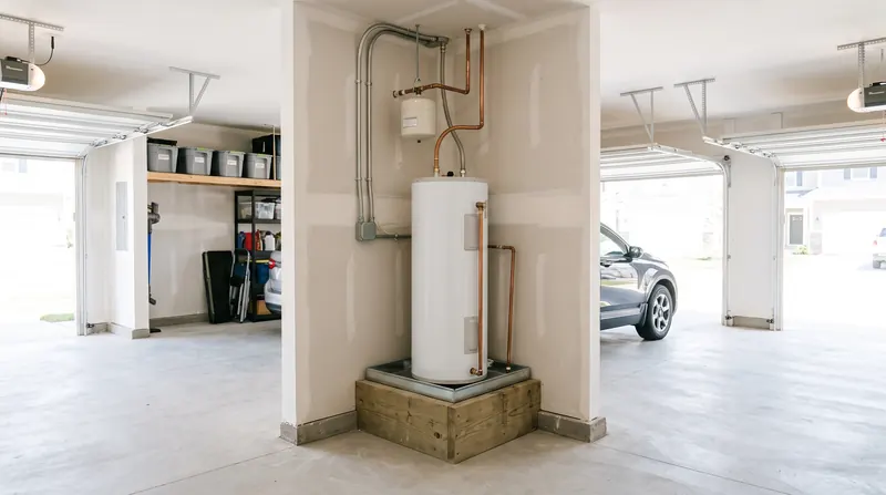 Electric tank water heater on a raised platform in the garage of a newer home, with an expansion tank above it
