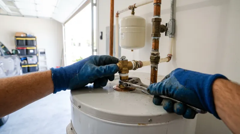 Gloved hands using a wrench to replace the relief valve on top of a water heater
